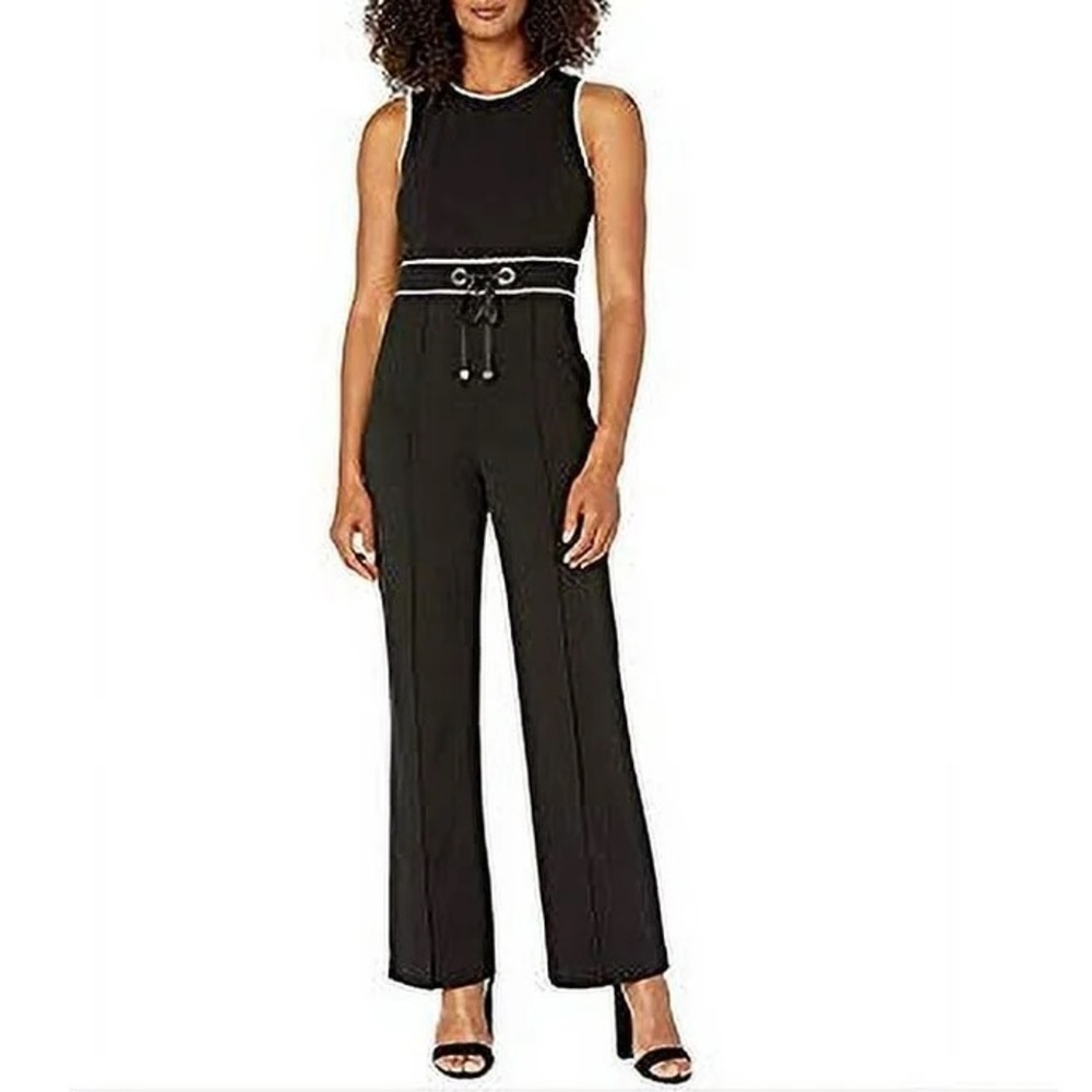 TOMMY HILFIGER Piped tie waist jumpsuit pleated pant tank white piping